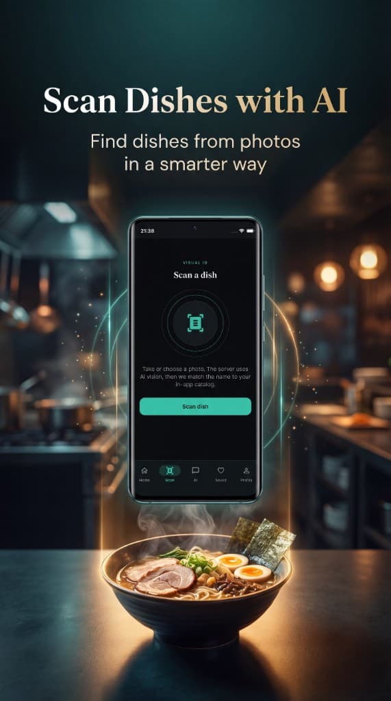 Asian Food AI — scan a dish with the camera or gallery to match the in-app catalog