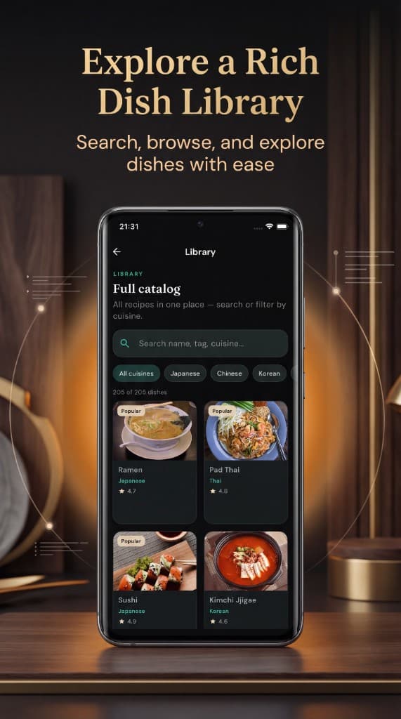 Asian Food AI — full dish library with search and cuisine filters