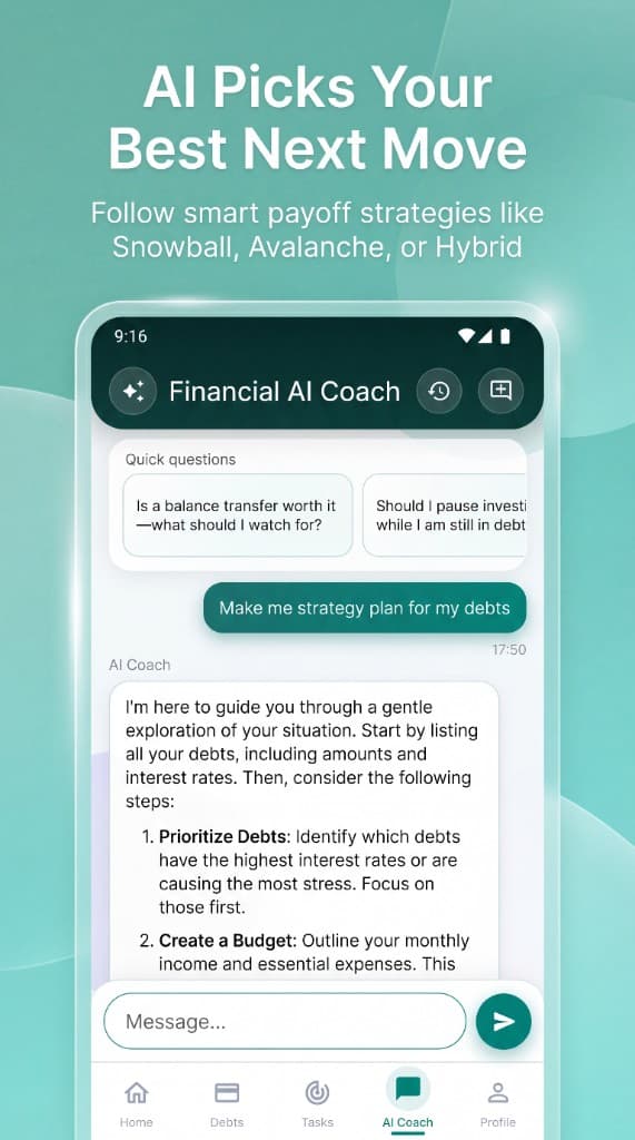 Freedom Finance AI — debt management overview with totals, progress, and AI payment strategy card