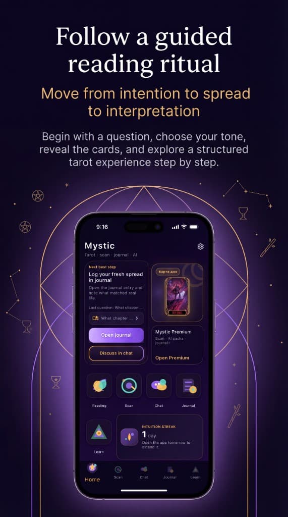 Mystic — photo scan of a physical three-card spread with camera or gallery