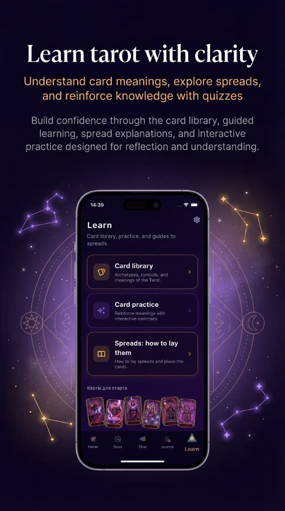 Mystic — rich card library with titles, previews, and keyword tags
