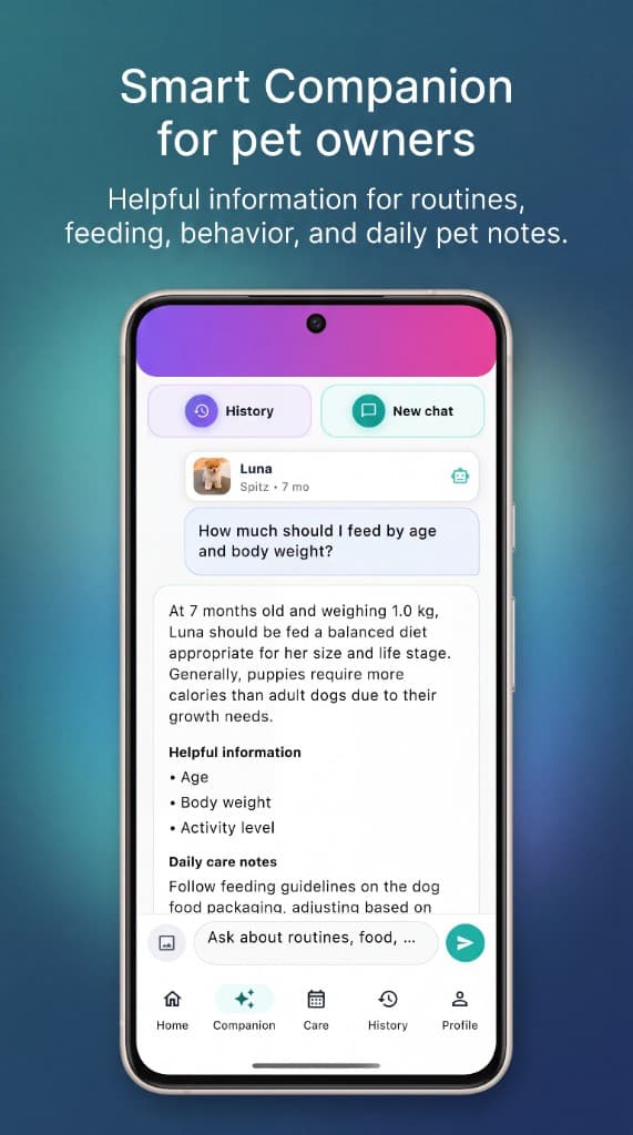 Pet Care AI — Smart Companion chat with feeding and daily-care guidance for a selected pet