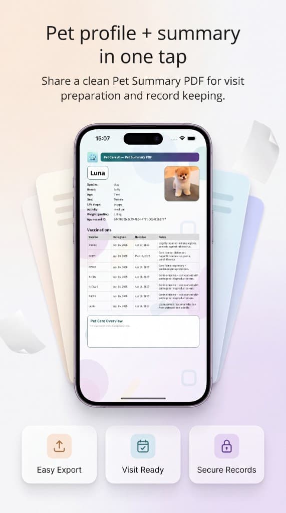 Pet Care AI — shareable Pet Summary PDF with profile fields and structured care overview