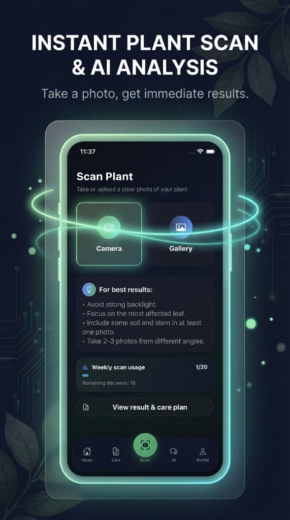 Plant Doctor AI — instant scan and analysis flow